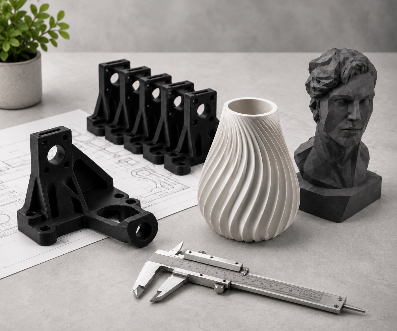 Инженерная 3D-печатная деталь на чертеже рядом с измерительным инструментом